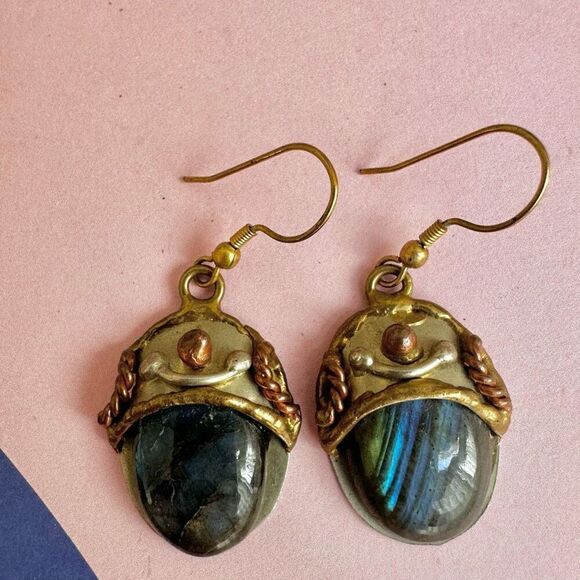 Labordorite copper gold tone drop earrings - Picture 10 of 11